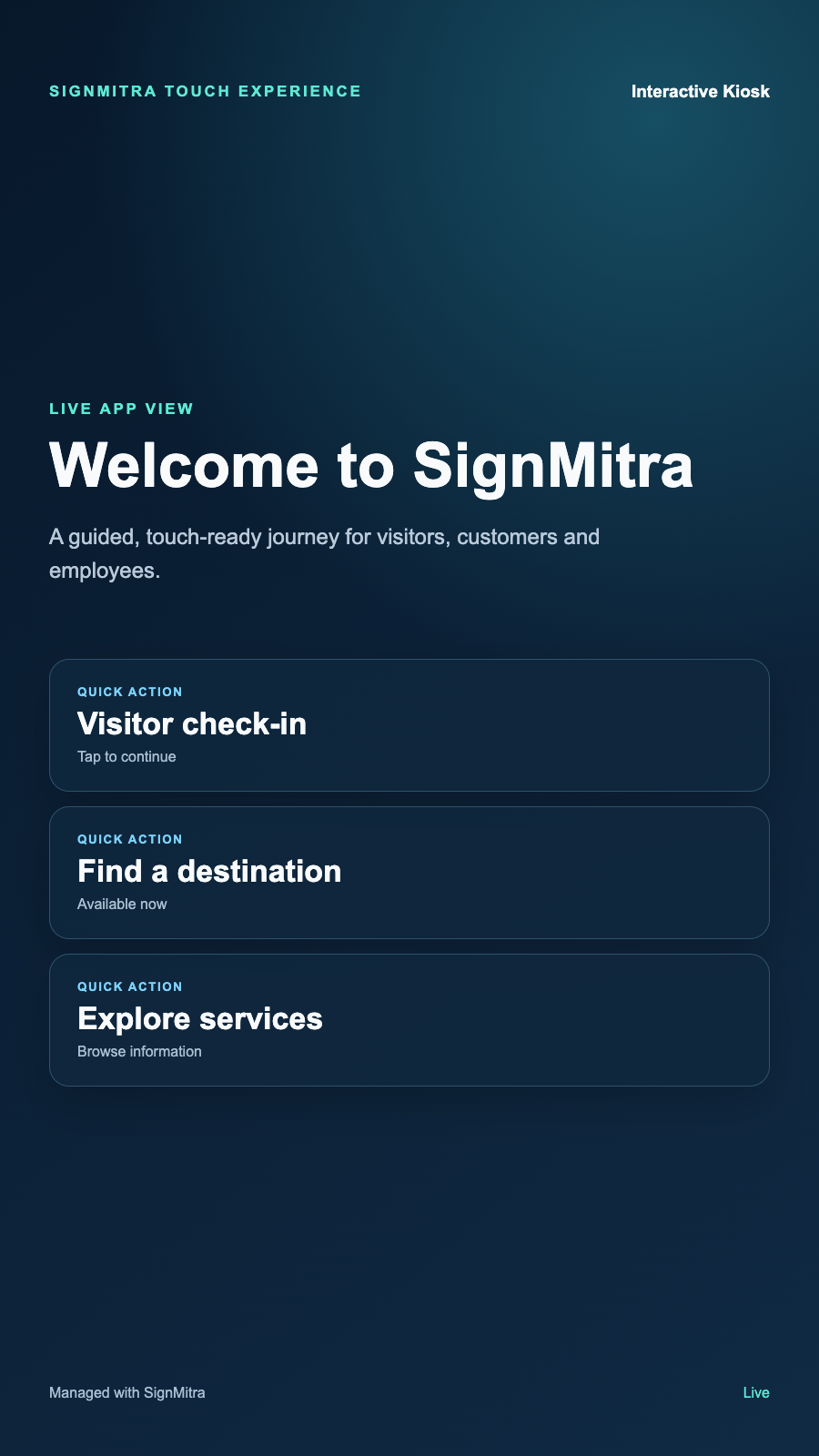 Kiosk App on a real SignMitra screen